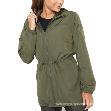 Casual Sport Style Lightweight Hooded Women Green Jackets Trench Coat Windbreaker